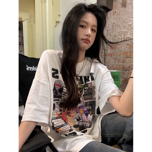 美式复古印花白色短袖T恤