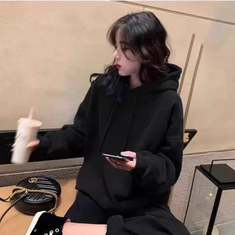黑色连帽卫衣女秋冬加绒加厚