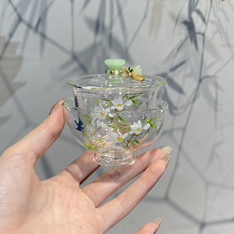惊蛰 夏日小清新高硼硅春暖花开盖碗套组不烫手泡茶碗喝茶杯套装