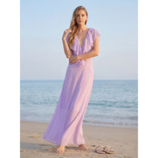 欧美新款 显瘦V领度假沙滩连衣裙长裙 紫色轻盈荷叶边气质优雅修身