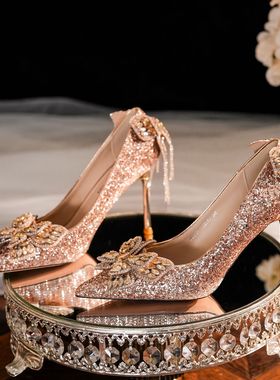 6681A-099蝴蝶结水钻流苏亮片婚鞋宴会鞋奢华高跟鞋气质女鞋