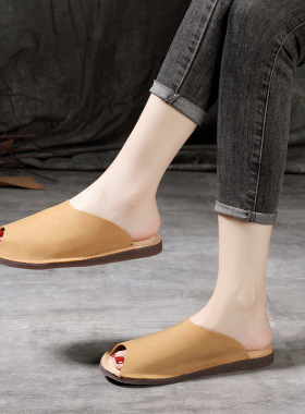 头层牛皮拖鞋女平底外穿2026复古牛筋软底懒人凉拖A511-2包头拖