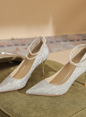新款86108 银色高跟鞋女细跟2026年春季尖头水晶婚鞋珍珠绑带单鞋