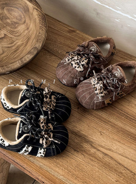 NUBEKIDS宝宝板鞋加绒冬季新真皮二棉男女小童时尚豹纹软底运动鞋