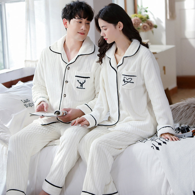 情侣睡衣男秋冬季加厚加绒珊瑚绒法兰绒大码女士春秋款家居服套装