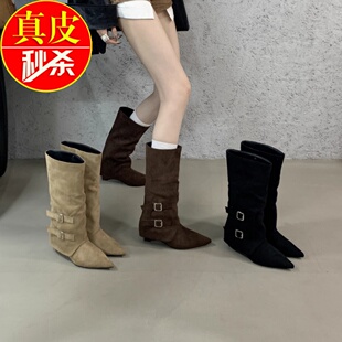 高跟尖头棕色靴子中筒骑士靴女鞋2025春秋冬裤管靴长筒复古长靴子