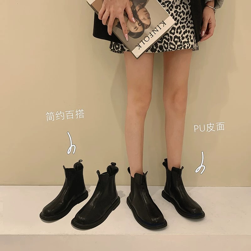 青蕴真皮马丁靴平底切尔西瘦瘦靴