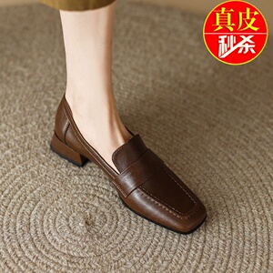 青蕴真皮2023春秋新款方头乐福鞋女复古小皮鞋平底英伦风百搭单鞋