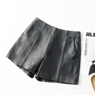A字高腰显瘦阔腿裤 女绵羊皮短裤 外穿 海宁真皮皮裤 2024年秋冬新款