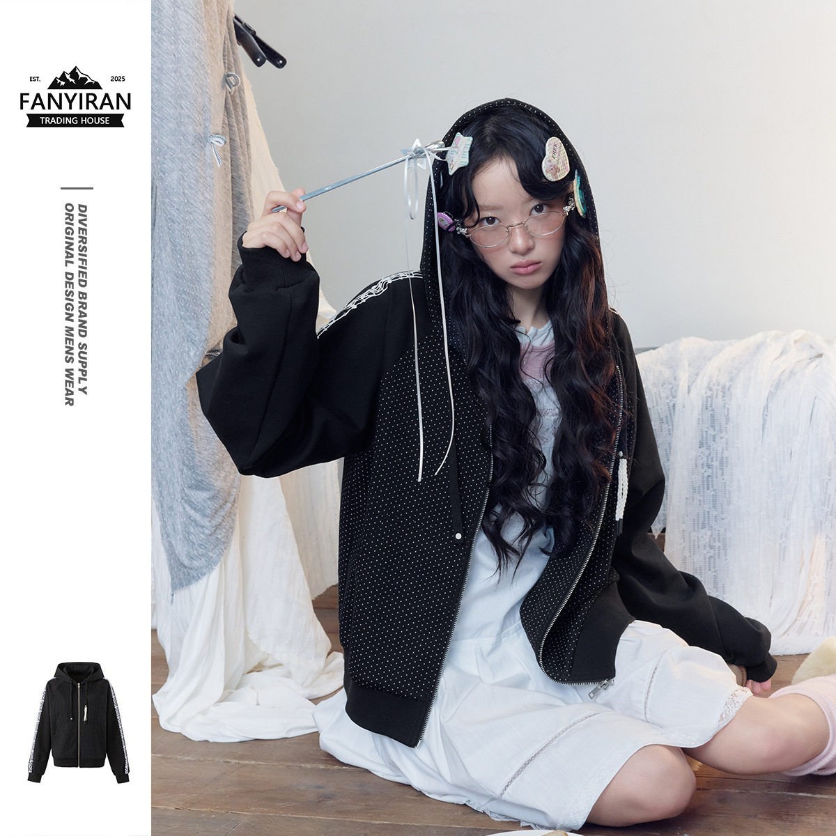 自然STAFFPICK韩系设计感潮牌宽松开衫波点连帽卫衣女生潮牌外套