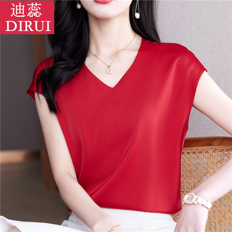 2023夏季新款气质V领显瘦遮肉短袖女宽松百搭蝙蝠袖纯色雪纺衫潮