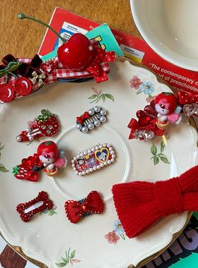 红色牛仔樱桃碎发宠物bb夹蝴蝶结发夹头饰约克夏马尔济斯狗狗发卡