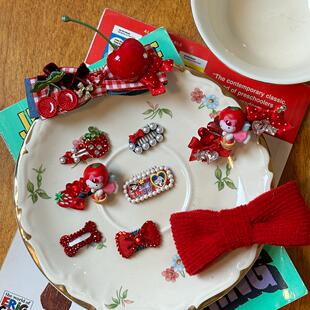 红色牛仔樱桃碎发宠物bb夹蝴蝶结发夹头饰约克夏马尔济斯狗狗发卡