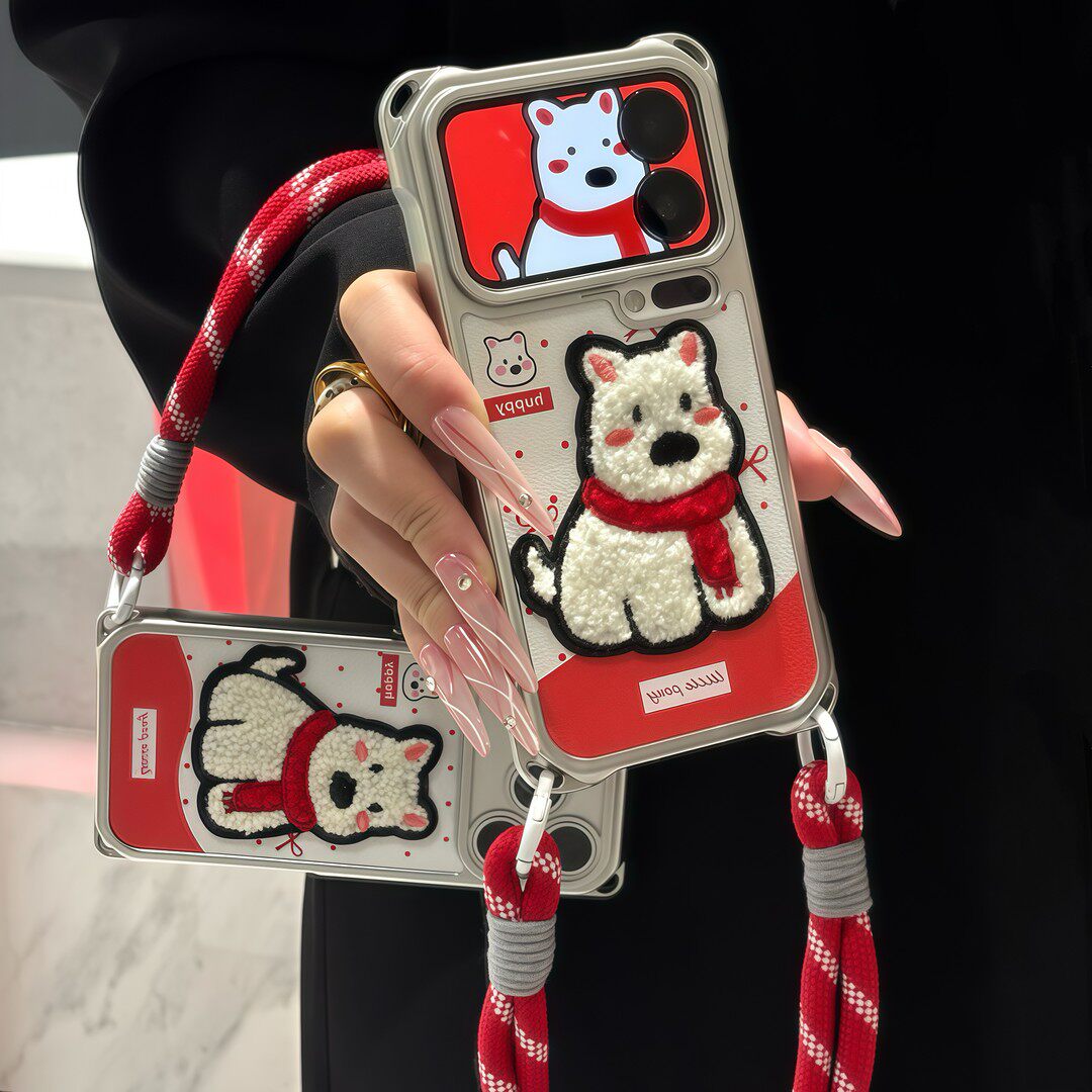 波点刺绣西高地挂绳适用苹果17手机壳iPhone16/15PROMAX秋冬新款华为PURA80可爱NOVA14情侣MATE60超火S30小米