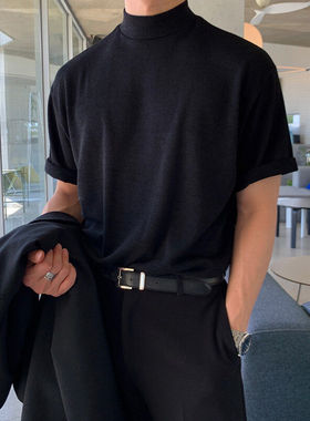 GTLA线上商店GATL穿搭240克宽松弹力纯色打底衫小半高领短袖T恤衫