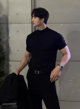 GTLA线上商店GATL潮男240克宽松微弹纯色打底衫小领口圆领短袖T恤