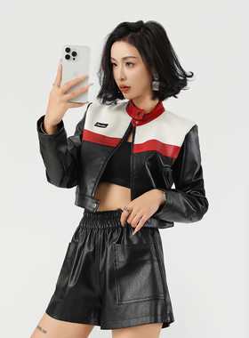 新款撞色拼接机车服飞行员夹克短版外套女皮衣外贸跨境皮衣女定制