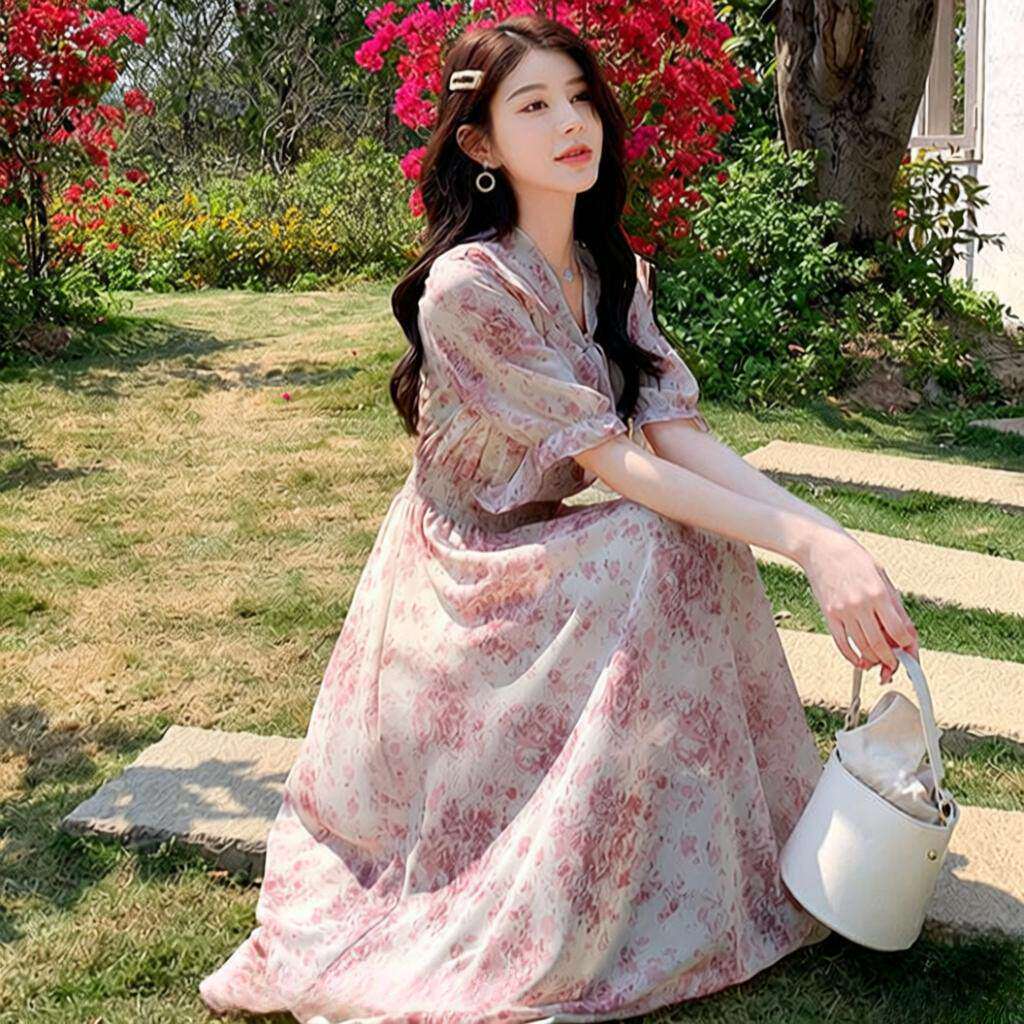 欧美夏季薄款甜美荷叶边短袖碎花裙子女雪纺宽松大码温柔风连衣裙