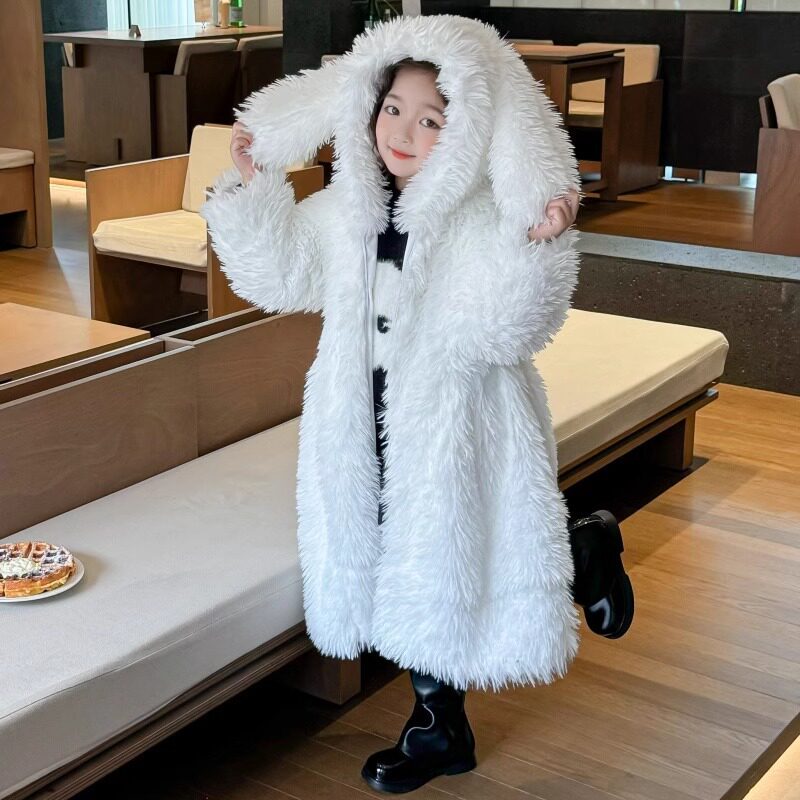 秋冬女童毛毛外套宝宝仿皮草大衣中长款毛绒小兔子款家居服
