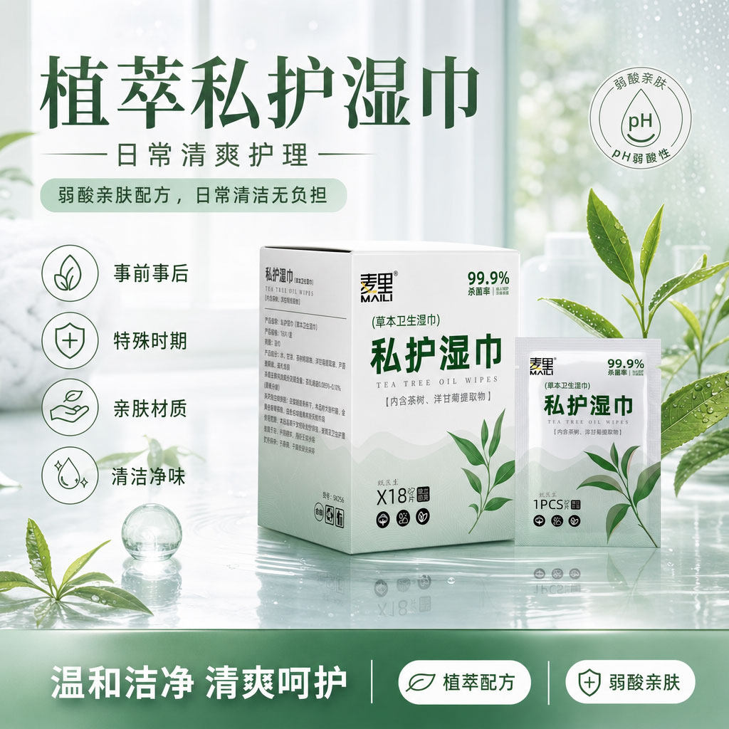 茶树精华卫生湿巾女性私处抑菌护理一次性便携清洁湿纸巾厂家批发