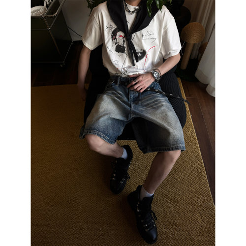 TROUBLEAND美式复古漂蓝水洗宽松直筒五分牛仔裤男女百搭休闲短裤