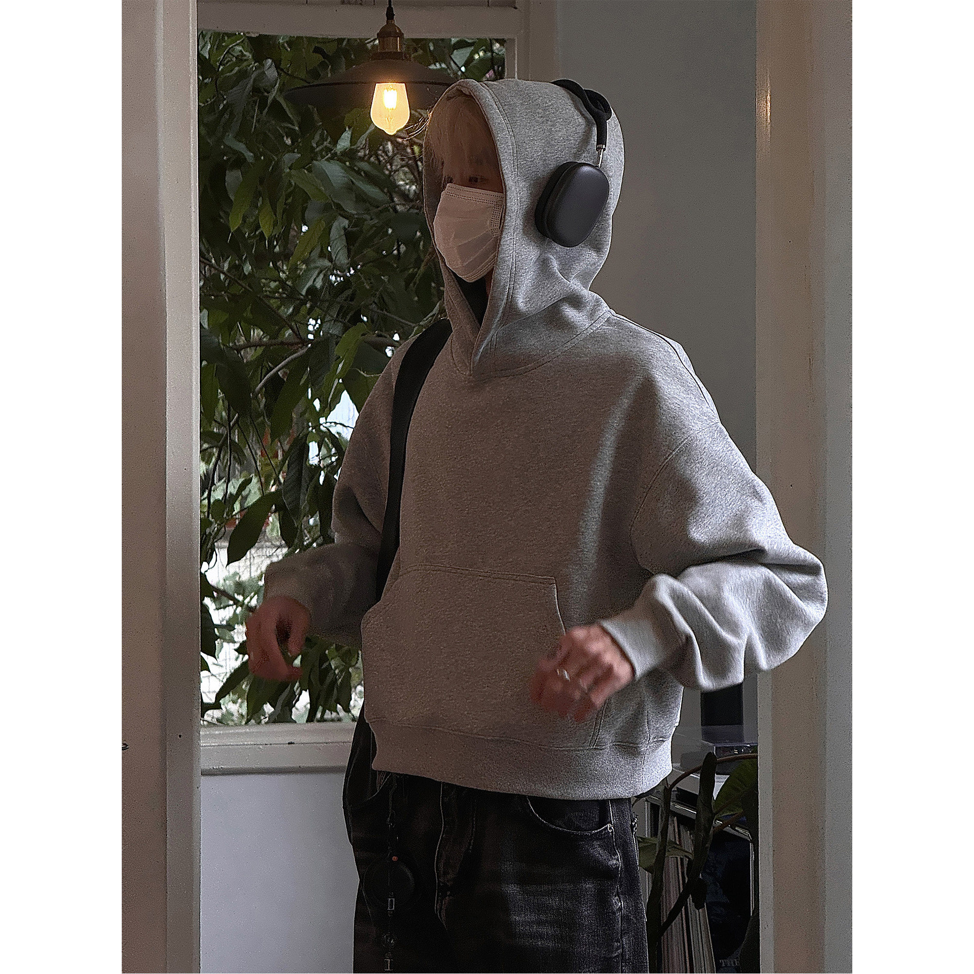 雀斑男装灰色cleanfit卫衣美式连帽vibe基础纯色短款帽衫男女休闲