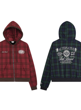 ROUBLE美式格纹字母刺绣连帽开衫卫衣男加绒秋休闲百搭街头外套