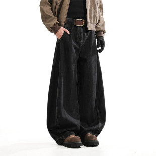男潮牌休闲宽松baggy阔腿直筒镰刀裤 美式 复古黑色弯刀廓形牛仔裤