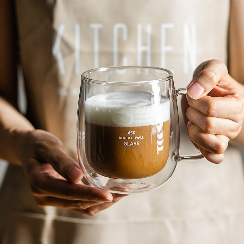 双层高硼硅玻璃咖啡杯高颜值耐高温喝水杯子透明茶杯家用带盖把手