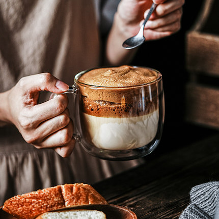 大容量双层玻璃杯咖啡杯带把手耐热马克杯高颜值女生水杯牛奶杯子