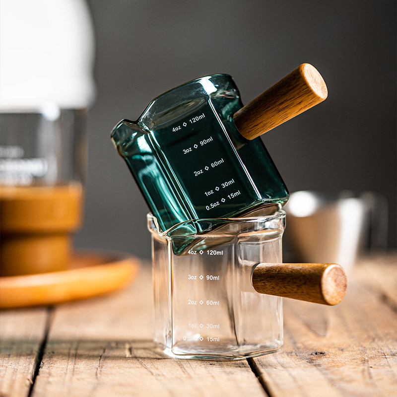 咖啡液萃取杯带刻度量杯意式浓缩咖啡玻璃杯木柄小奶盅奶罐盎司杯