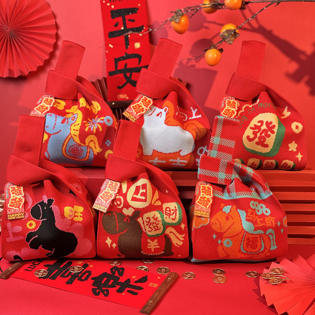 马年主题红色吉祥如意喜庆手腕包百搭伴手礼手提包喜糖乔迁针织包