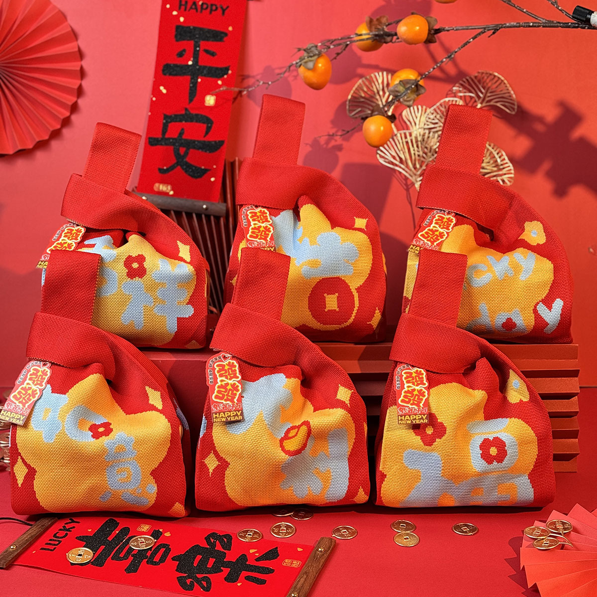 新年针织手腕包袋过年包包大容量拜年小手提袋外出门红色拎挎202