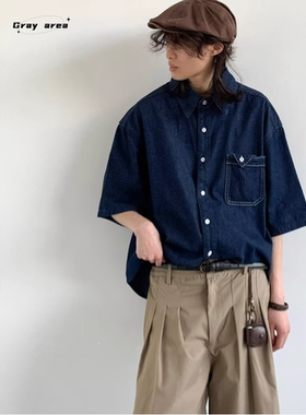 日系复古工装蓝色牛仔翻领衬衫男女vintage风宽松休闲夏口袋衬衣