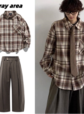 两件装春秋季日系复古红色格纹长袖衬衫男女学院风休闲衬衣外套