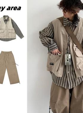 春秋套装日系复古假两件竖条纹衬衫男女款港风宽松休闲长袖衬衣潮