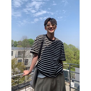 夏季美式复古黑白条纹短袖T恤男女圆领简约宽松休闲五分袖上衣潮