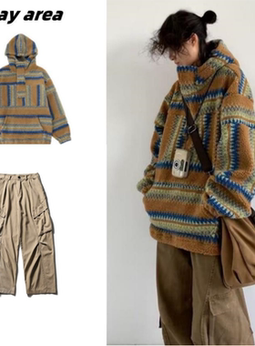 秋冬日系复古民族风羊羔绒连帽卫衣男女港风宽松休闲高领套头帽衫