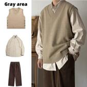 针织衫 春秋套装 日系复古简约V领毛衣背心男女学院风宽松叠穿无袖