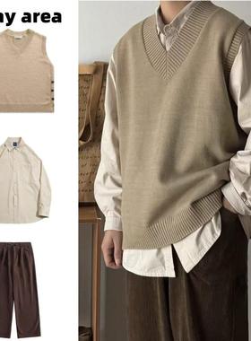 春秋套装日系复古简约V领毛衣背心男女学院风宽松叠穿无袖针织衫
