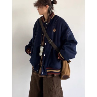 秋冬季 日系复古藏青色夹棉棒球服外套男女刺绣保暖棉衣休闲棉服