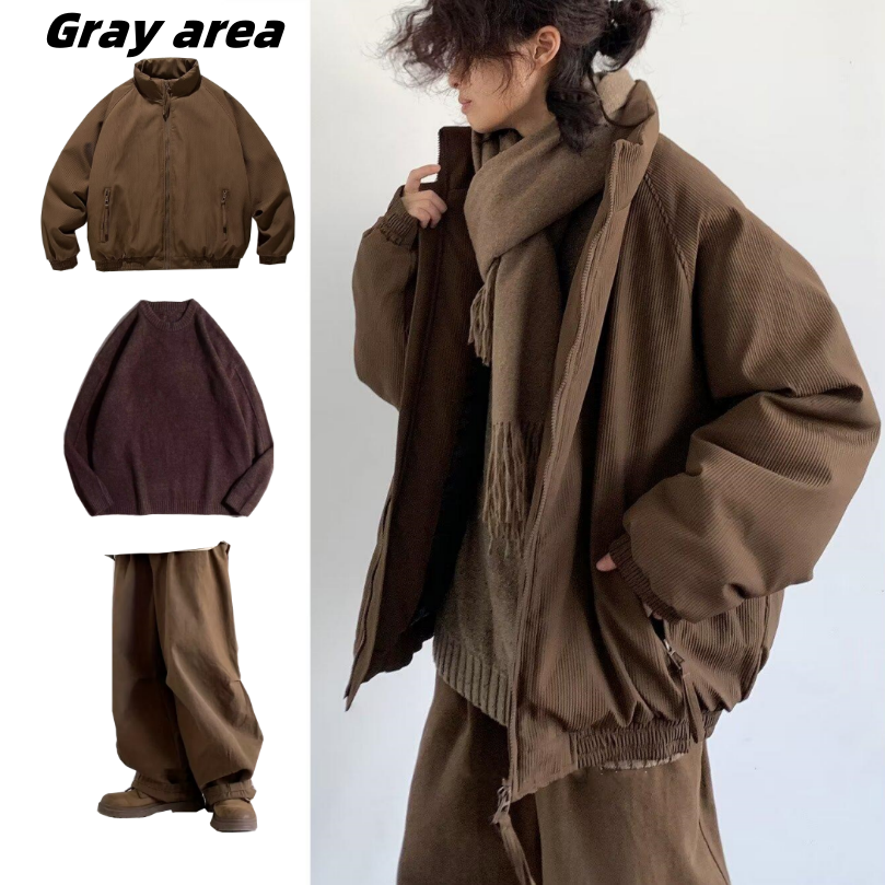 秋冬套装日系复古竖纹立领棉衣男女美拉德宽松面包服保暖纯色棉服