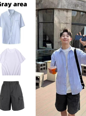 日系套装复古蓝色条纹短袖衬衫男夏季cityboy宽松休闲落肩袖衬衣