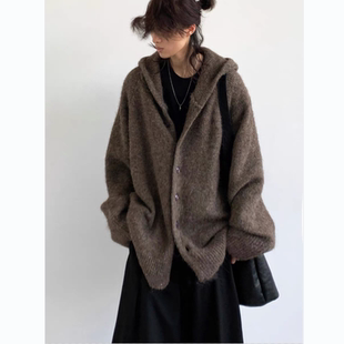 秋冬日系复古开衫 外套 纽扣连帽毛衣男女生df慵懒风宽松休闲针织衫