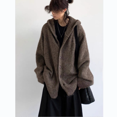 秋冬日系复古开衫纽扣连帽毛衣男女生df慵懒风宽松休闲针织衫外套