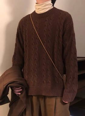 秋冬日系复古纯色提花麻花毛衣男女情侣款慵懒风叠穿打底针织衫
