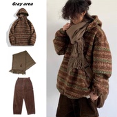 秋冬套装 日系复古民族风羊羔绒连帽卫衣男女港风宽松拉链套头上衣