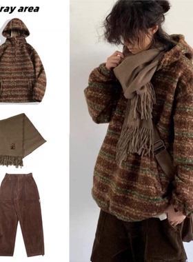 秋冬套装日系复古民族风羊羔绒连帽卫衣男女港风宽松拉链套头上衣