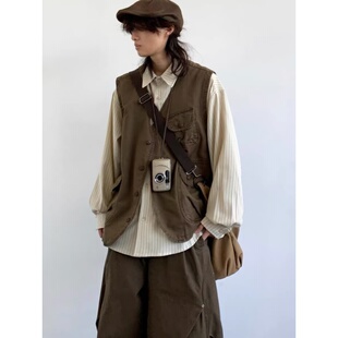 春季日系复古工装风多口袋V领马甲男女宽松叠穿机能背心休闲外套