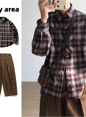 两件装/单件春秋日系复古棕红色格子衬衫男女学院风宽松格纹衬衣
